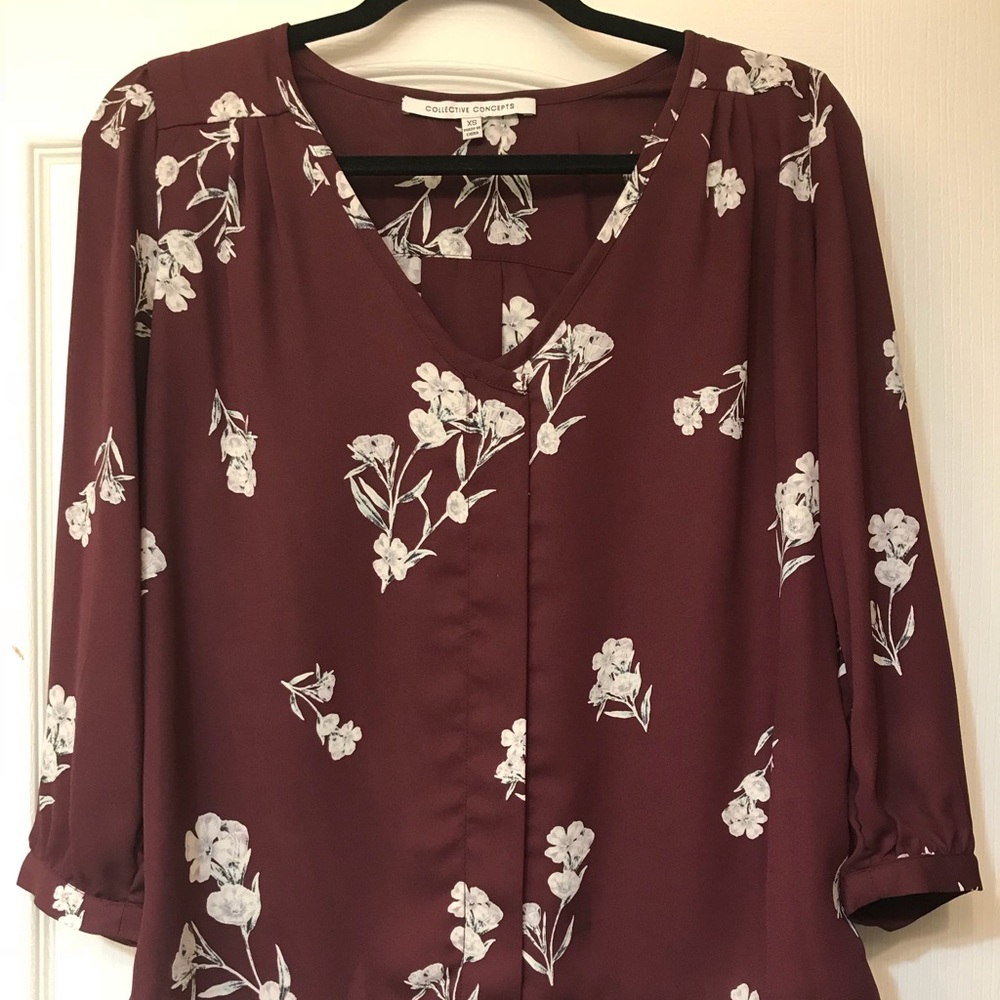 Burgundy Floral 3-Quarter Sleeve Blouse